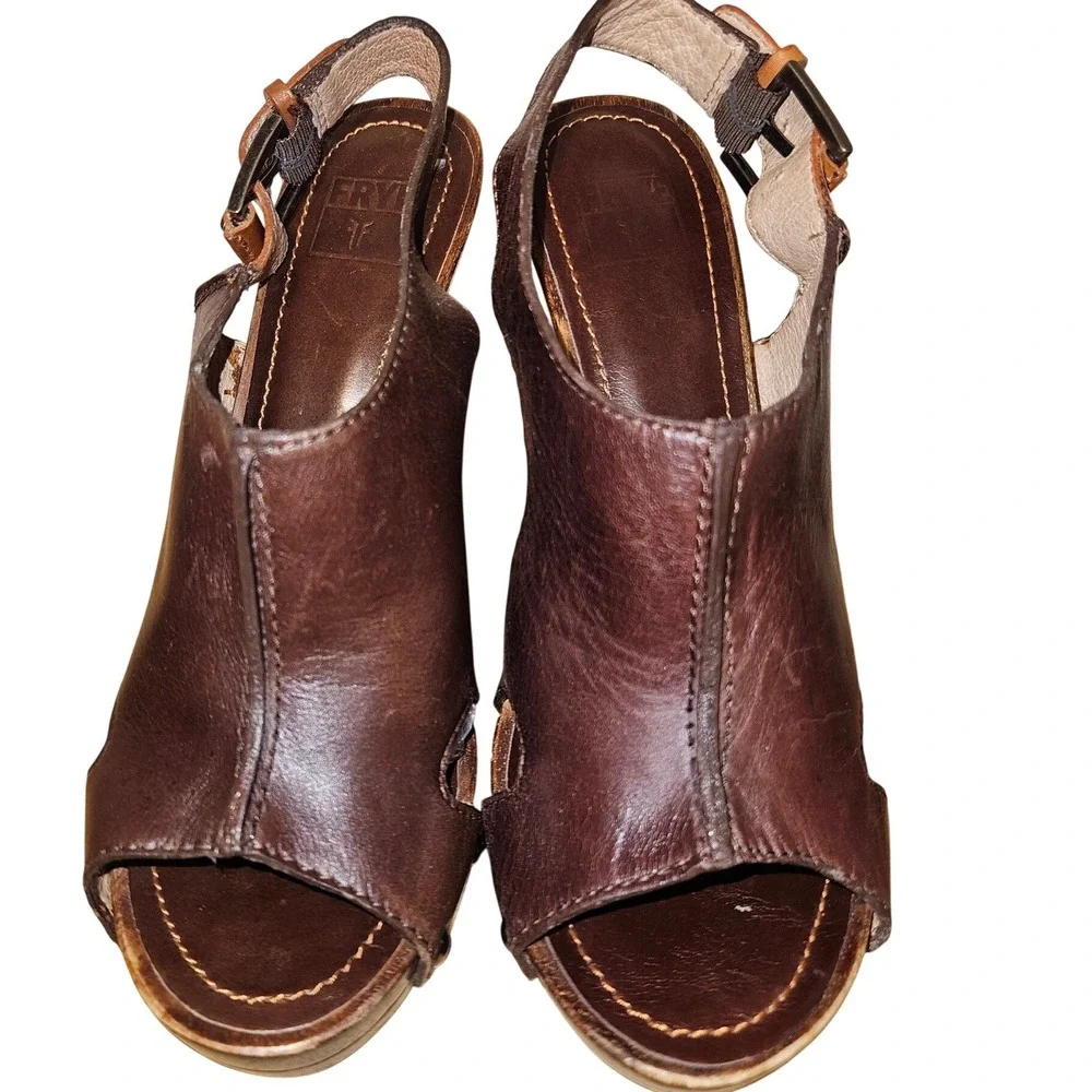 Frye Dara‎ Slingback Dark Brown Leather Wooden Platform Block Heel Sandals 7M